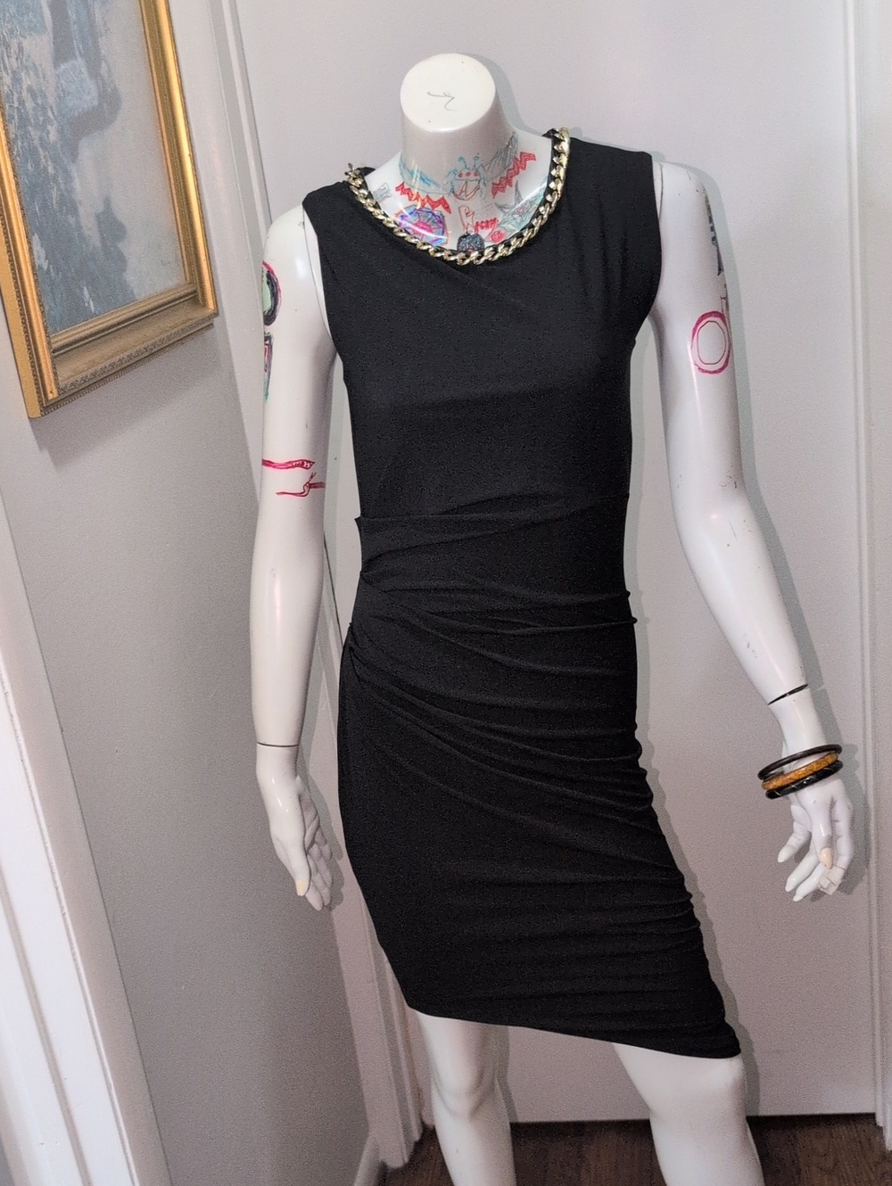 RACHEL Rachel Roy Black Sleeveless Mini Dress with Gold Chain Neckline